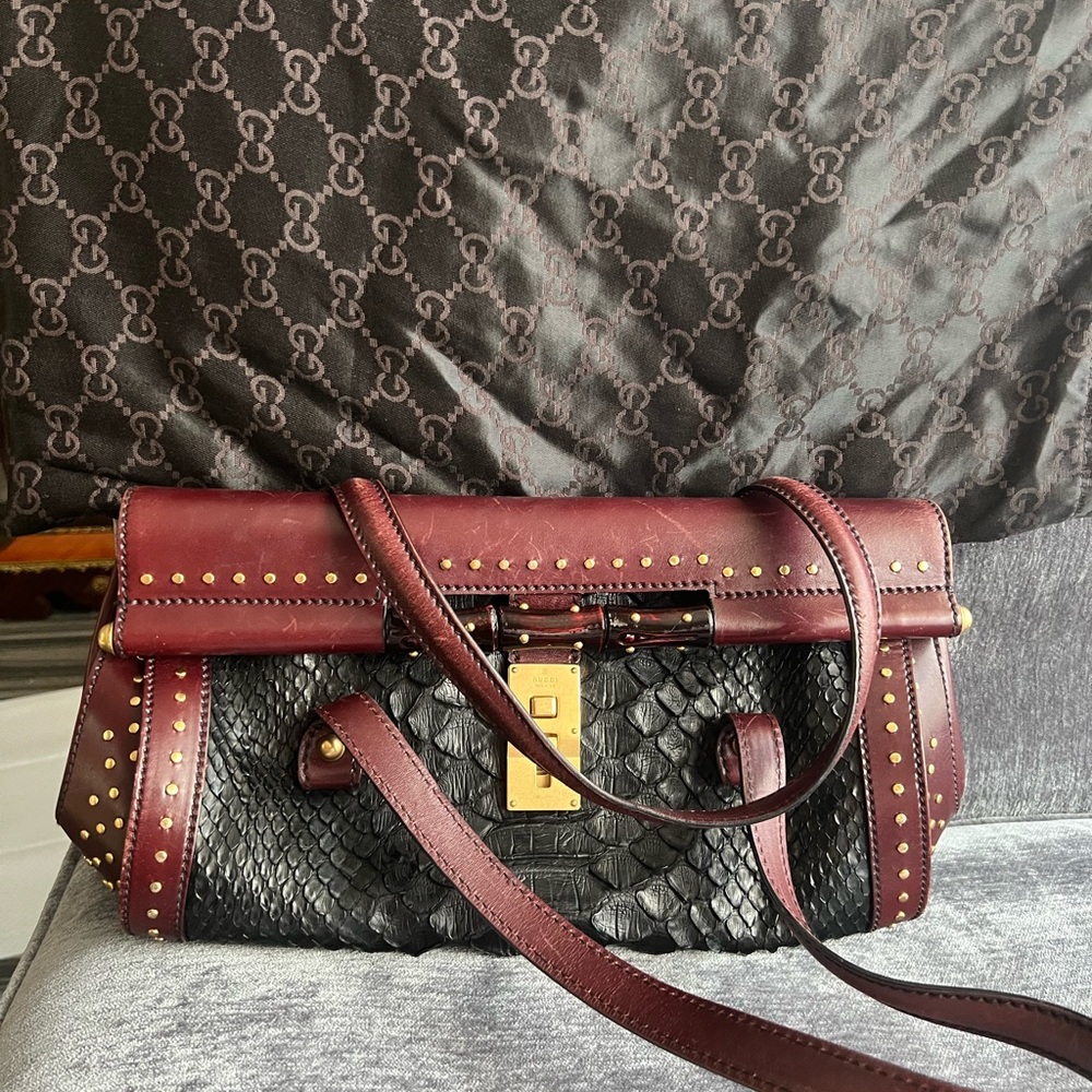 Auth.Gucci 100% Real Python Skin And Burgundy Lea… - image 1